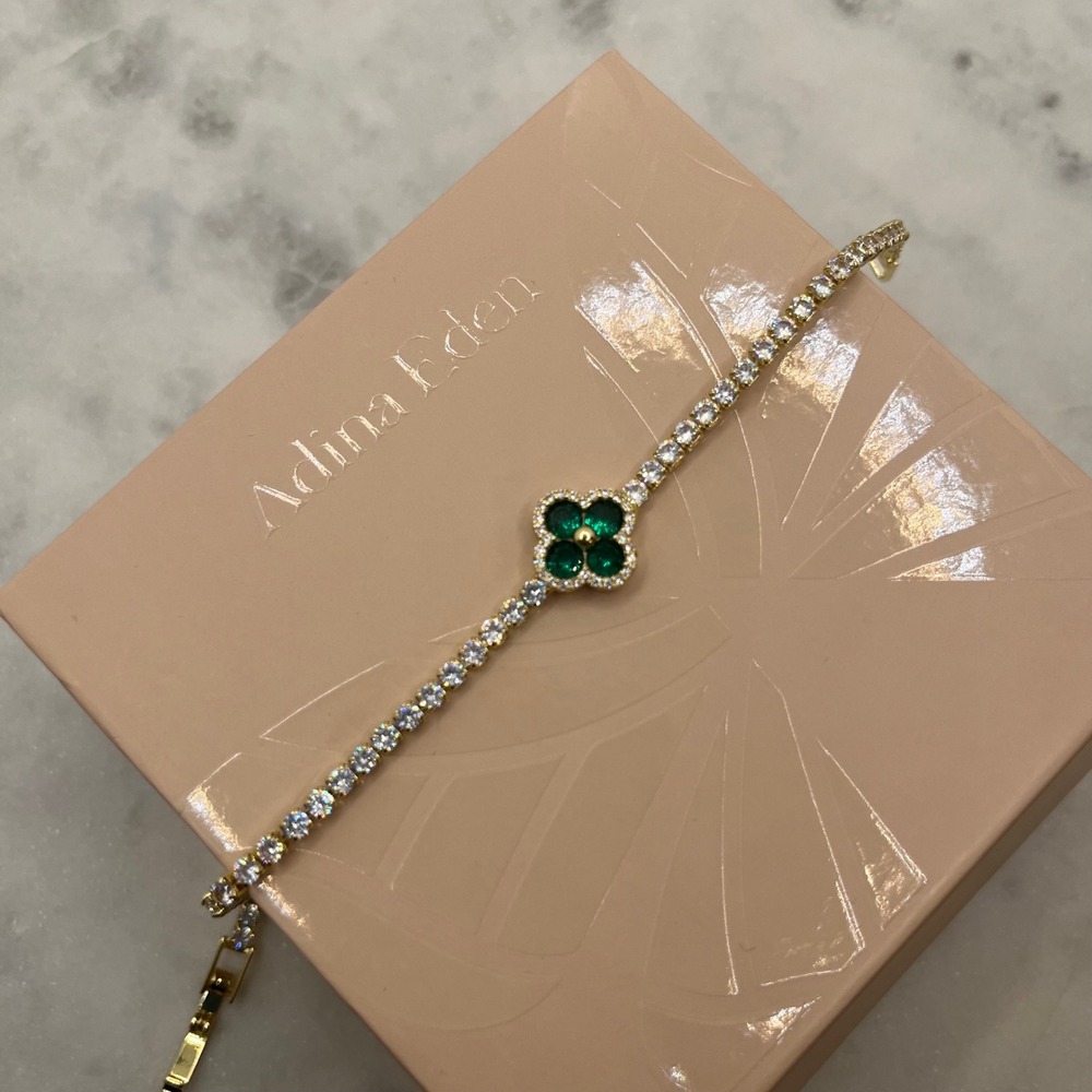 Green Clover Pave Tennis Bracelet Adina Eden 14K Gold Plate‎ Rhinestone CZ Jewel